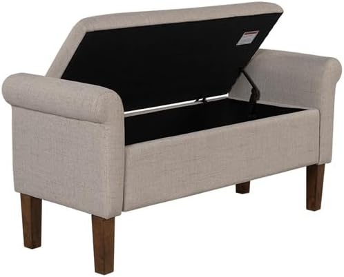 510 DESIGN Storage Ottoman - Solid Wood Legs, Polyester Fabric Entryway Accent Bench with Rolled Armrest - Modern Style Bed End Bench with Storage Bedroom Furniture, Aubrey, 46' W, Cream, 1 Piece