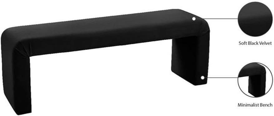 Meridian Furniture Minimalist Collection Modern | Contemporary Velvet Upholstered Bench, 53' W x 14.75' D x 18.25' H, Black