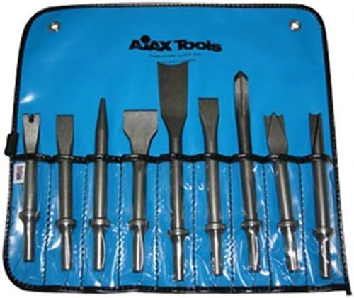 AJAX Tools 9029 Master Chisel Set, 9-Piece Air Hammer Chisel Kit – .401 Turn Type Shank Pneumatic Scraper, Cutter & Punch Set for Automotive Body Repair, Mufflers, Rivets & Metal Cutting