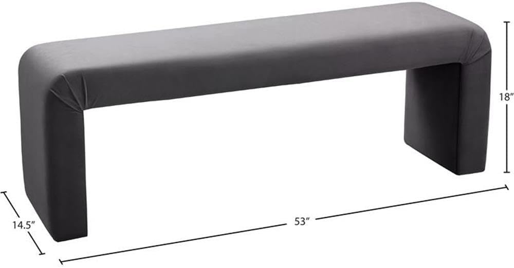 Meridian Furniture Minimalist Collection Modern | Contemporary Velvet Upholstered Bench, 53' W x 14.75' D x 18.25' H, Grey