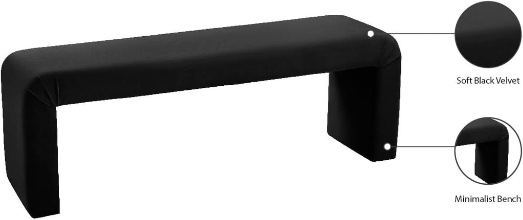 Meridian Furniture Minimalist Collection Modern | Contemporary Velvet Upholstered Bench, 53' W x 14.75' D x 18.25' H, Black