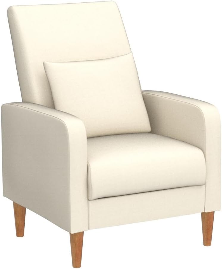 COLAMY Mid-Century Modern Upholstered Accent Chair with Back Pillow & Solid Wood Legs, Fabric Cozy Armchair for Living Room, Bedroom, Reading Nook, Apartment & Small Spaces, Beige
