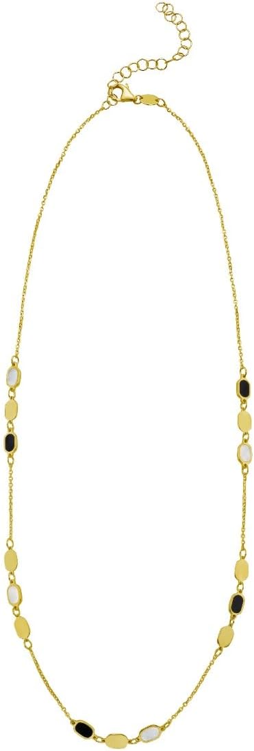 Floreo 14k Yellow Gold Onyx Malachite Turquoise & Mother of Pearl Inlay Triple Link Station Solid Cable Chain Necklace