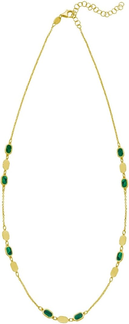 Floreo 14k Yellow Gold Onyx Malachite Turquoise & Mother of Pearl Inlay Triple Link Station Solid Cable Chain Necklace