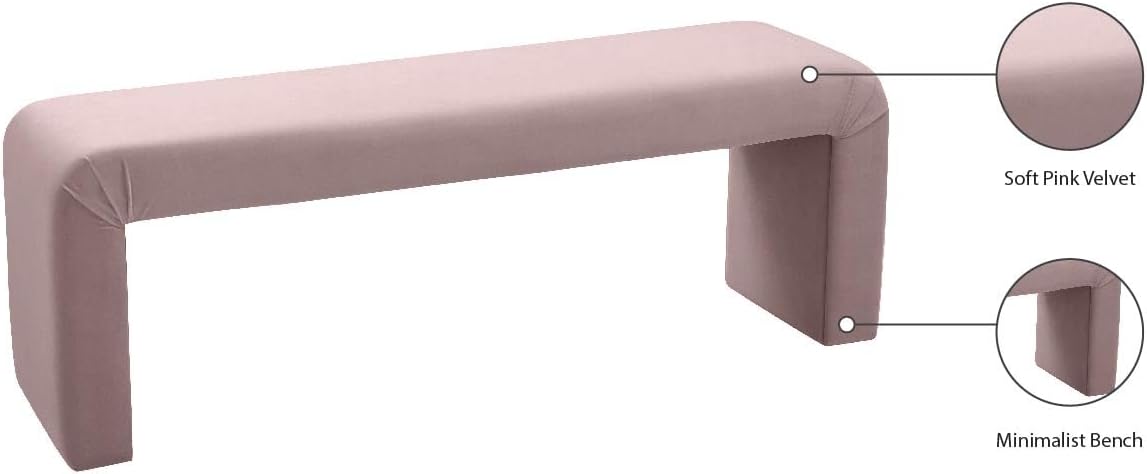 Meridian Furniture Minimalist Collection Modern | Contemporary Velvet Upholstered Bench, 53' W x 14.75' D x 18.25' H, Pink