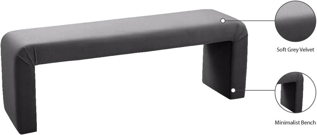 Meridian Furniture Minimalist Collection Modern | Contemporary Velvet Upholstered Bench, 53' W x 14.75' D x 18.25' H, Grey
