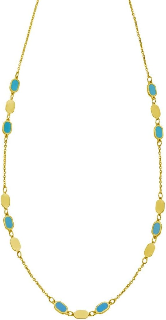 Floreo 14k Yellow Gold Onyx Malachite Turquoise & Mother of Pearl Inlay Triple Link Station Solid Cable Chain Necklace