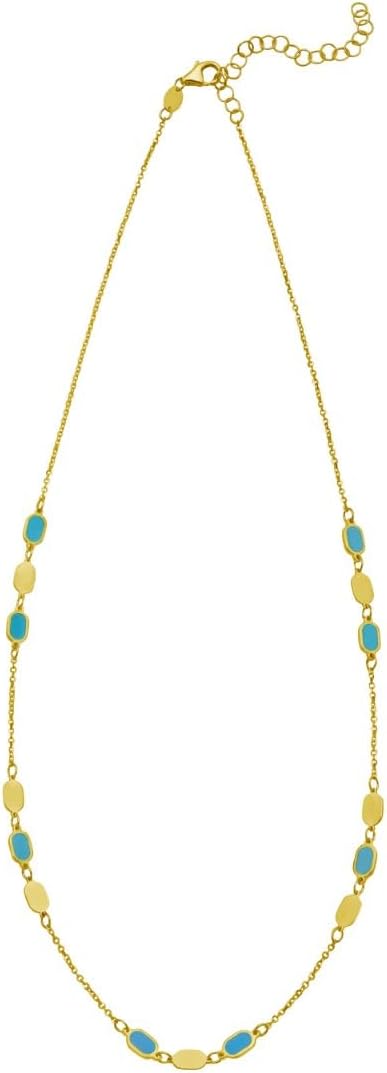 Floreo 14k Yellow Gold Onyx Malachite Turquoise & Mother of Pearl Inlay Triple Link Station Solid Cable Chain Necklace