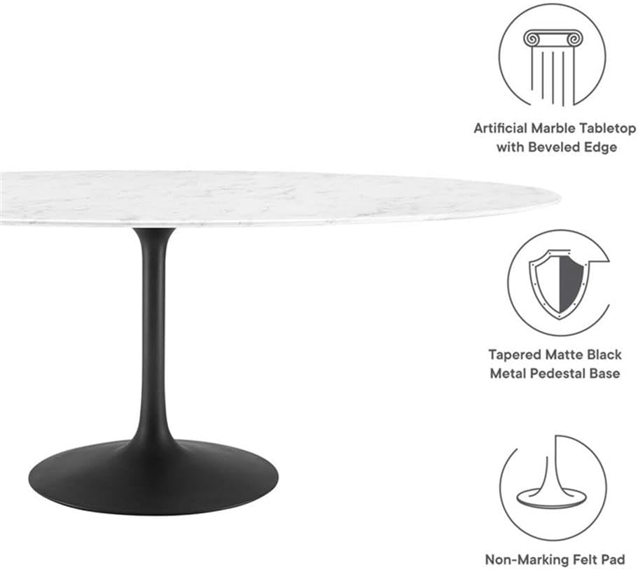 Modway Lippa 78' Oval-Shaped Mid-Century Modern Dining Table with Artificial Marble Top and Black Base