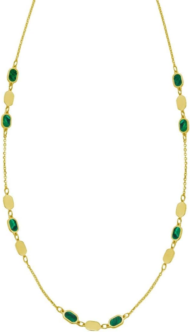 Floreo 14k Yellow Gold Onyx Malachite Turquoise & Mother of Pearl Inlay Triple Link Station Solid Cable Chain Necklace