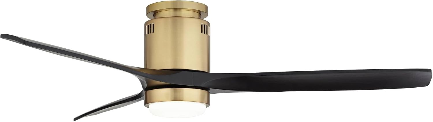 Casa Vieja 52' Windspun Modern Indoor Ceiling Fan 3 Blade LED Light Remote Control Soft Brass Finish Motor Matte Black Finish Wood Blades Bedroom Living Room Office Hugger DC Motor Flush Mount