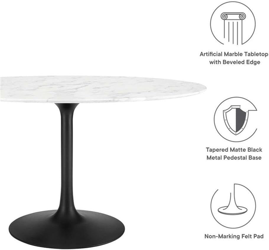 Modway Lippa 54' Oval-Shaped Mid-Century Modern Dining Table with Artificial Marble Top and Black Base