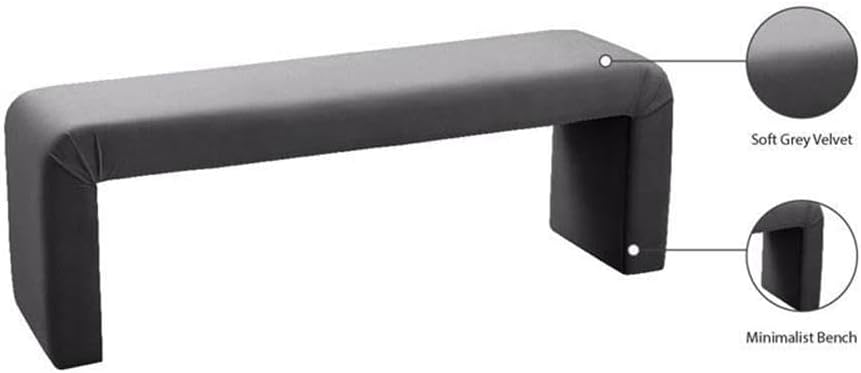 Meridian Furniture Minimalist Collection Modern | Contemporary Velvet Upholstered Bench, 53' W x 14.75' D x 18.25' H, Grey