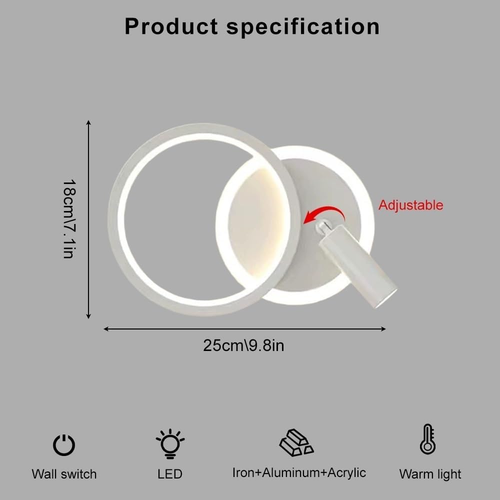 Ring Bedside Wall Sconce, Round Metal Wall Lamp with Acrylic Lampshade, Adjustable Reading Spotlight, Modern LED Wall Light - 18W - 3 Colors, Indoor Lighting Wall Lamps for Bedroom