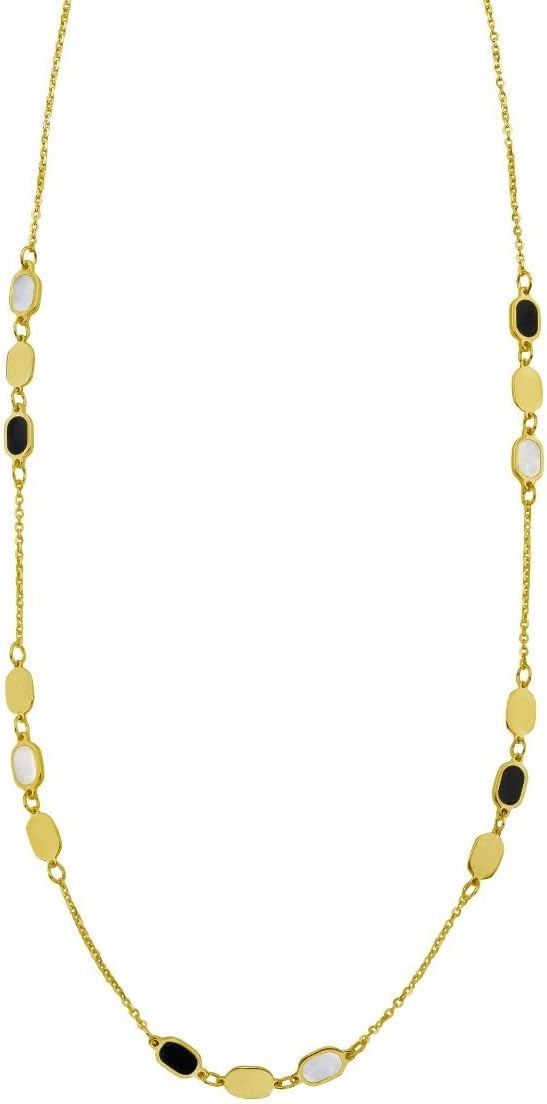 Floreo 14k Yellow Gold Onyx Malachite Turquoise & Mother of Pearl Inlay Triple Link Station Solid Cable Chain Necklace