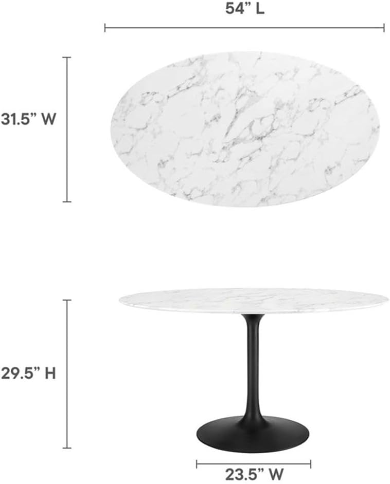 Modway Lippa 54' Oval-Shaped Mid-Century Modern Dining Table with Artificial Marble Top and Black Base