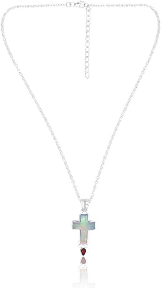 925 Sterling Silver with Doublet Aurora Opal Sky with Garnet Iridescent Opalite Cross Pendant Necklace for Women | Ornate Border | Dainty Cable Chain | Christian Religious Jewelry Gift