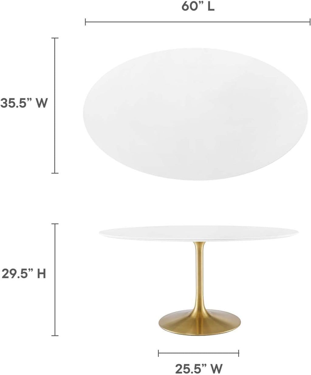 Modway Lippa 60' Oval-Shaped Mid-Century Modern Dining Table with White Wood Top and Gold Base