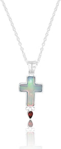 925 Sterling Silver with Doublet Aurora Opal Sky with Garnet Iridescent Opalite Cross Pendant Necklace for Women | Ornate Border | Dainty Cable Chain | Christian Religious Jewelry Gift