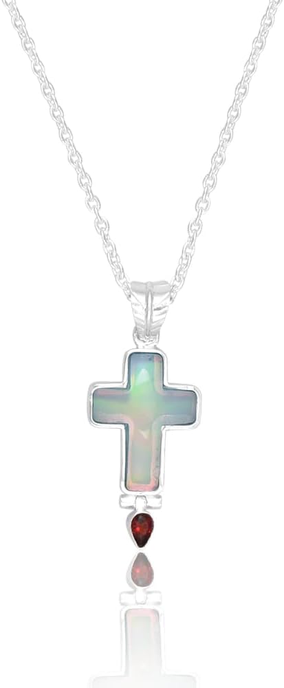 925 Sterling Silver with Doublet Aurora Opal Sky with Garnet Iridescent Opalite Cross Pendant Necklace for Women | Ornate Border | Dainty Cable Chain | Christian Religious Jewelry Gift