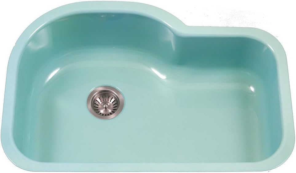 Houzer PCH-3700 MT Porcela 31 Inch Enamel Steel Kitchen Sink, Undermount, Single Bowl Offset, Cabinet Compatibility, Non Porous Surface Impervious to Cracks and Chips, Mint