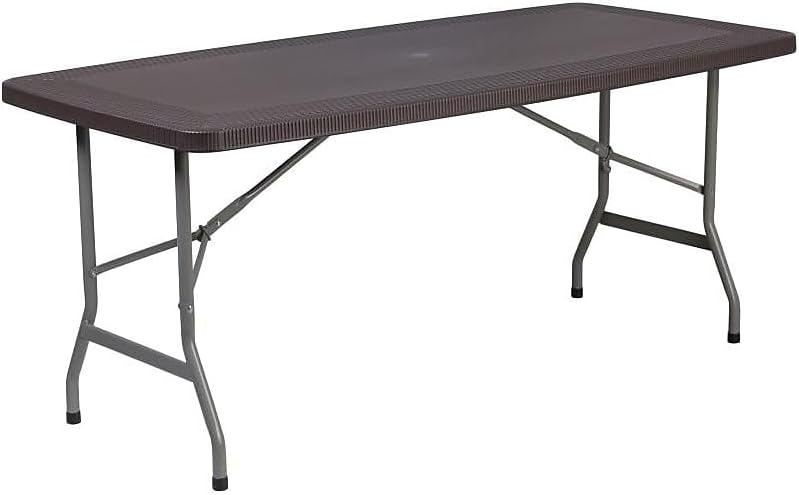 Flash Furniture Elon 5.62-Foot Brown Rattan Indoor-Outdoor Plastic Folding Table with Umbrella Hole