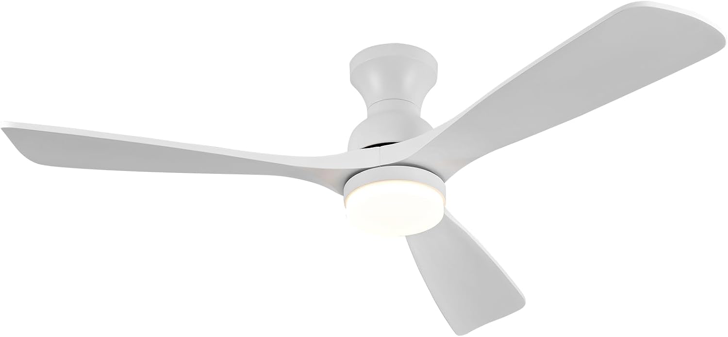 52 Inch Low Profile Ceiling Fan with Light and Remote, Dimmable, Quiet 6 Speeds DC Motor Wood Flush Mount Ceiling Fan, Hugger Ceiling Fans with Lights, Indoor Outdoor White Ceiling Fan