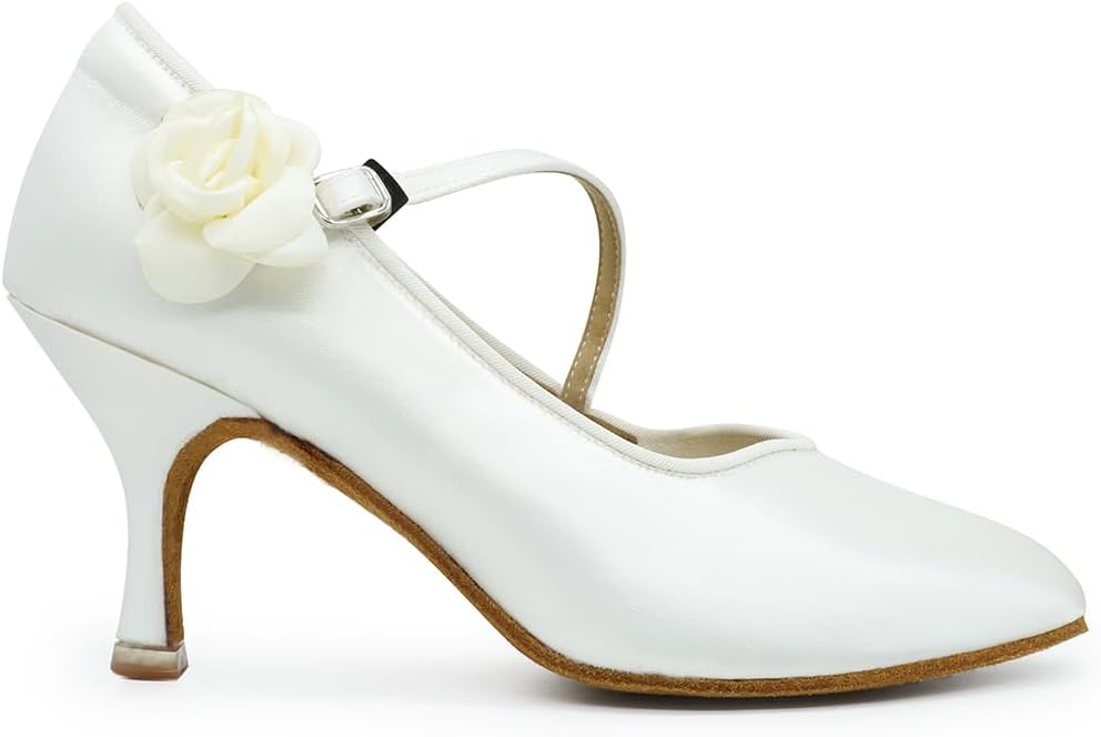 Women's Satin Wedding Pump with Floral Rose Practice Latin Jazz Waltz Ballroom Dance Shoes Performance Kitten Heel #1322