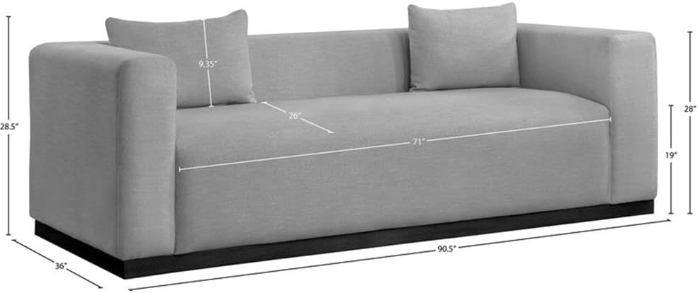Meridian Furniture 642Grey-S Alfie Collection Modern | Contemporary Sofa with Rich Grey Linen Textured Fabric, Black Finish Solid Wood Base, 90.5' W x 36' D x 28.5' H, Grey