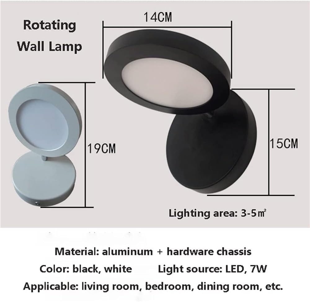 Bedroom Wall Lamp Metal Adjustable Round Sconce Creative Bedside Reading Light Indoor Spotlight for Living Room Corridor Hotel Apartment(Nero,Neutral Light)