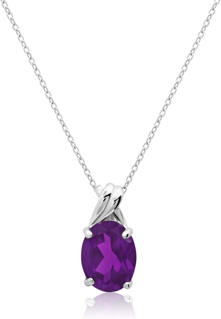 MAX + STONE Solid 14k White or Yellow Gold Gemstone Oval Pendant Necklace for Women with a Drop Twist Setting 9mm x 7mm Birthstone and Adjustable Cable Chain Size 16 to 18 Inches