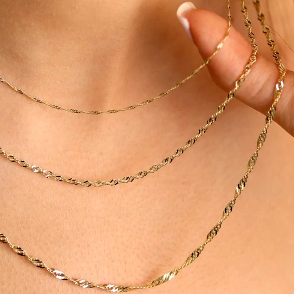 Jewelry Affairs 10k Yellow Real Solid Gold Singapore Chain Necklace, 1.5mm