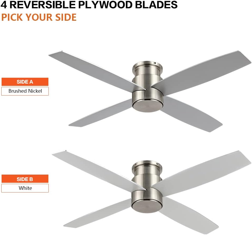 WINGBO 52' Flush Mount DC Ceiling Fan without Lights, 4 Reversible Blades, Ultra Quiet 6-Speed DC Motor, Hugger Low Profile Indoor Ceiling Fan No Lights, Brushed Nickel Finish
