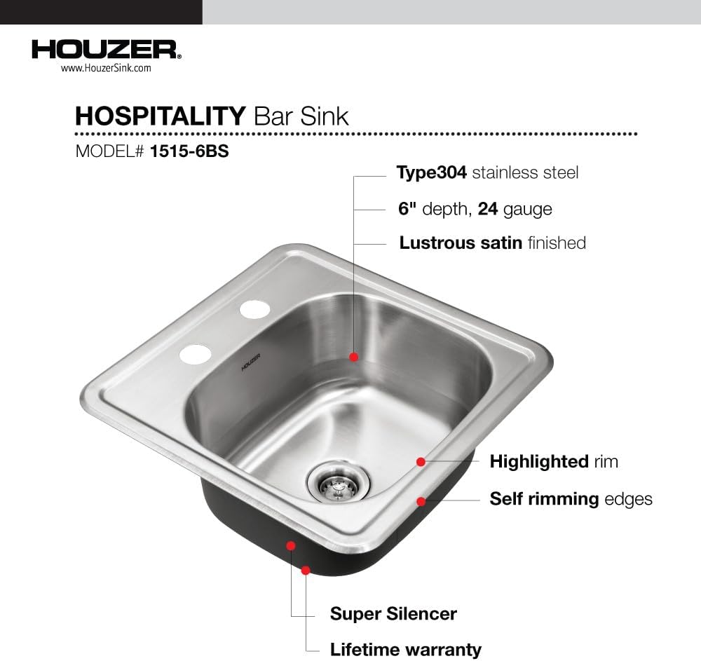 Houzer Hospitality Stainless Steel Bar & Prep Sink: 15 Inch Drop-In Topmount 2-Hole Sink for Bar & Kitchen, Durable & Versatile, Essential for Home & Apartment: 1515-6BS-C