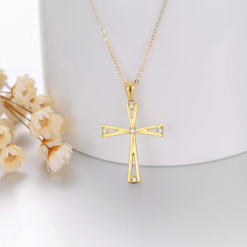 14K Gold Cross Necklace for Women, Real Yellow Gold Filigree Pommy Cross Pendant Necklace, Religion Jewelry for Girls Ladies Mom, 16'+1'+1'