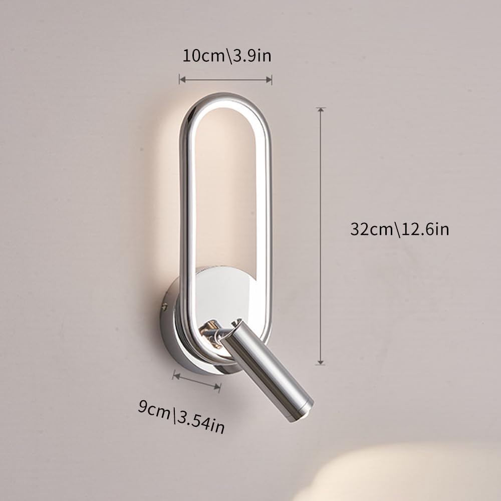 Modern Ring LED Wall Light, Metal Linear Wall Lamps with Swivel Spotlight, Indoor Wall Lighting Fixtures, 3-Color Temperature Wall Mounted Lamp for Living Room Bedroom Porch Hallway Bedside (Silver)