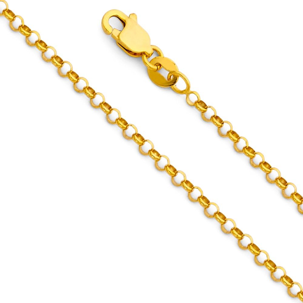 14k REAL Yellow/White Gold Solid 2mm, 1.5mm, 1.2mm Classic Rolo Cable Chain Necklace with Lobster Claw Clasp