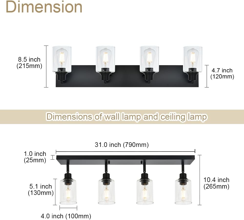 4 Light VINLUZ Vanity Wall Light with Clear Glass Shade Indoor Bathroom Fixture Multi-Directional Rotating Metal Ceiling Spotlight Fixture with Adjustable Track Heads