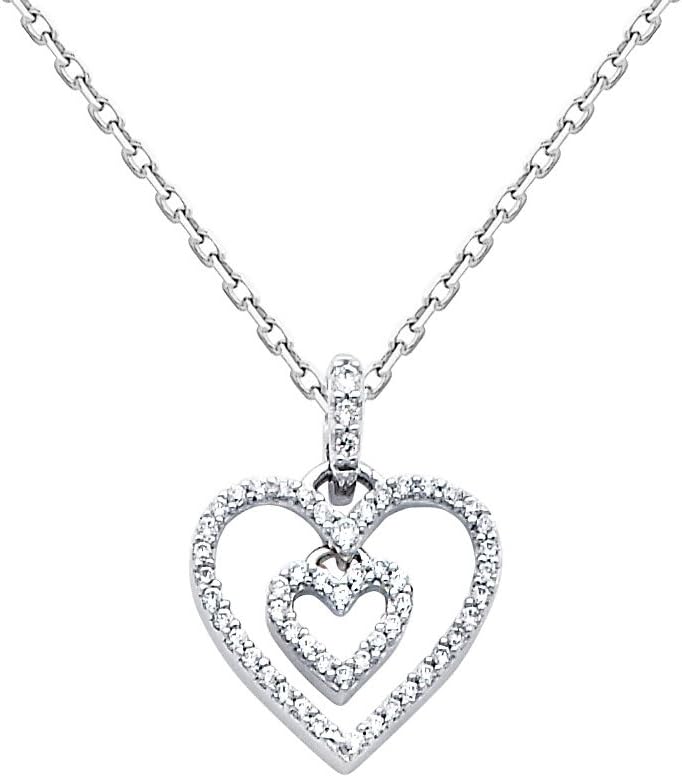 14k White Gold Love Heart CZ Pendant with 1.1mm Cable Chain Necklace