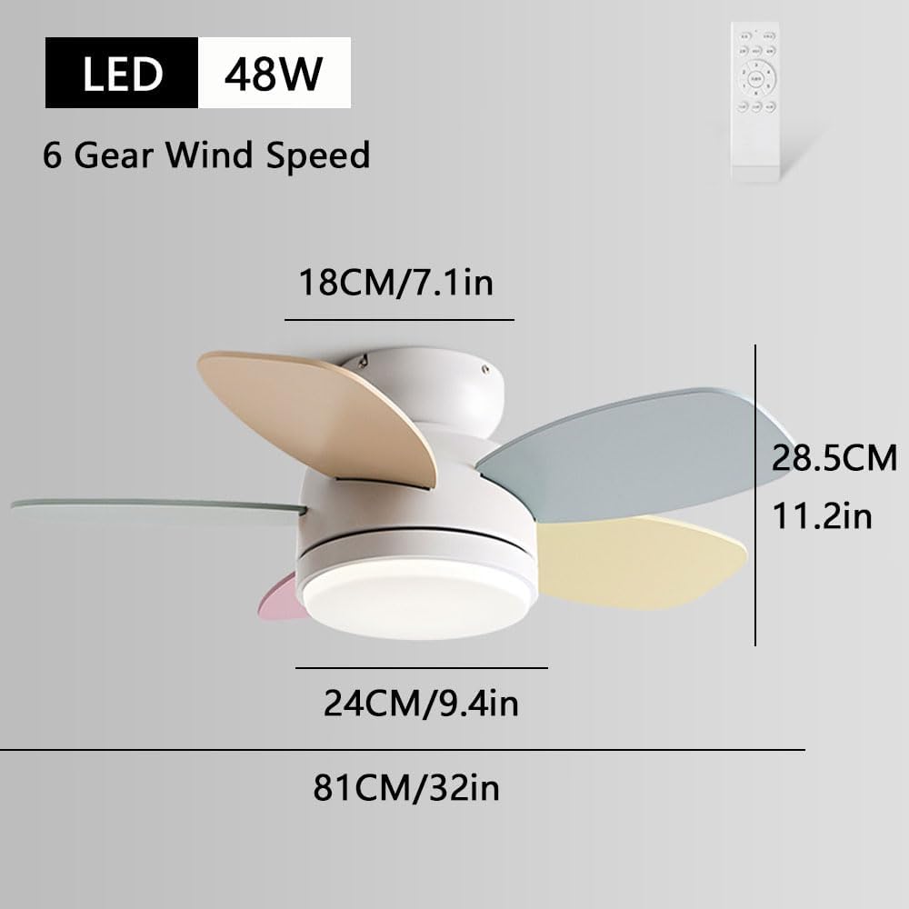 Flush Mount Ceiling Fan with Light 6 Speed Quiet Colorful Ceiling Fans Remote LED Ceiling Lights Fan Lighting Timing Reversible Fan Light for Bedroom Kids Room Lounge