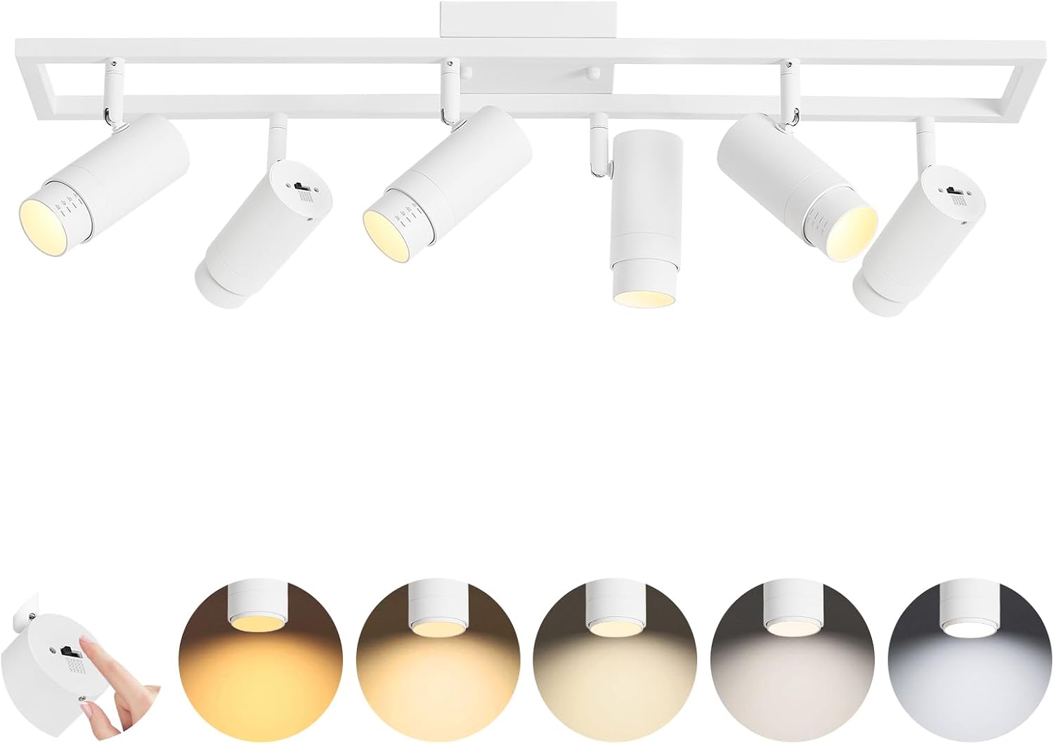 5-Color LED Track Lighting Kit, 15°-60° Zoomable Track Light Fixture Ceiling Head Dimmable 6-Lights 2700k-6000K Selectable Flexibly Rotatable for Accent Lighting, Kitchen, Living Room White