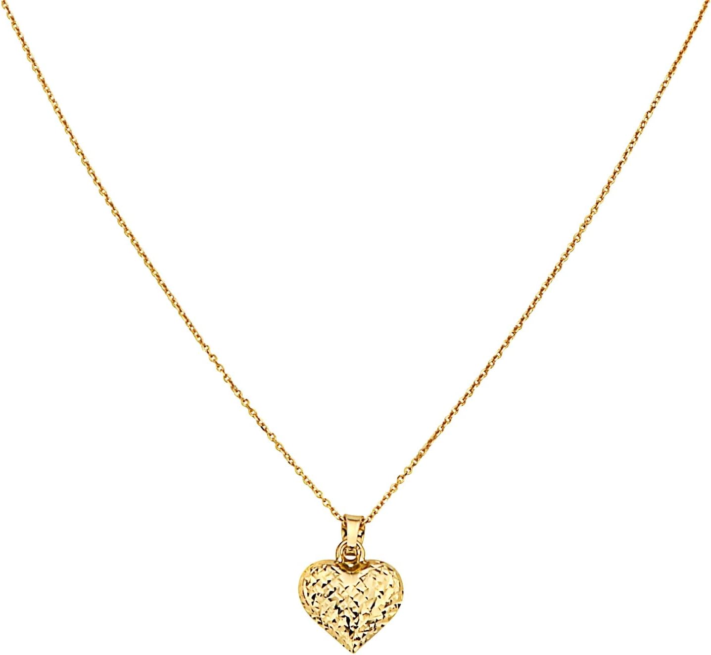 14k Yellow Gold Diamond Cut Texture Heart Pendant with Cable Chain Necklace for Women 18'