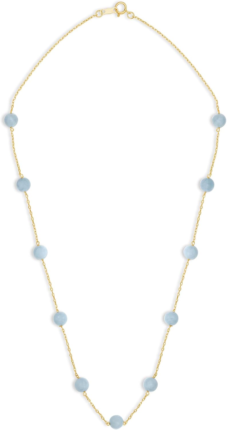 Belacqua Natural Milky Blue Aquamarine Station Necklace in 10K Yellow Gold, 6mm Round, 18' Cable Chain, Dainty Jewelry for Women, Gift Box Included