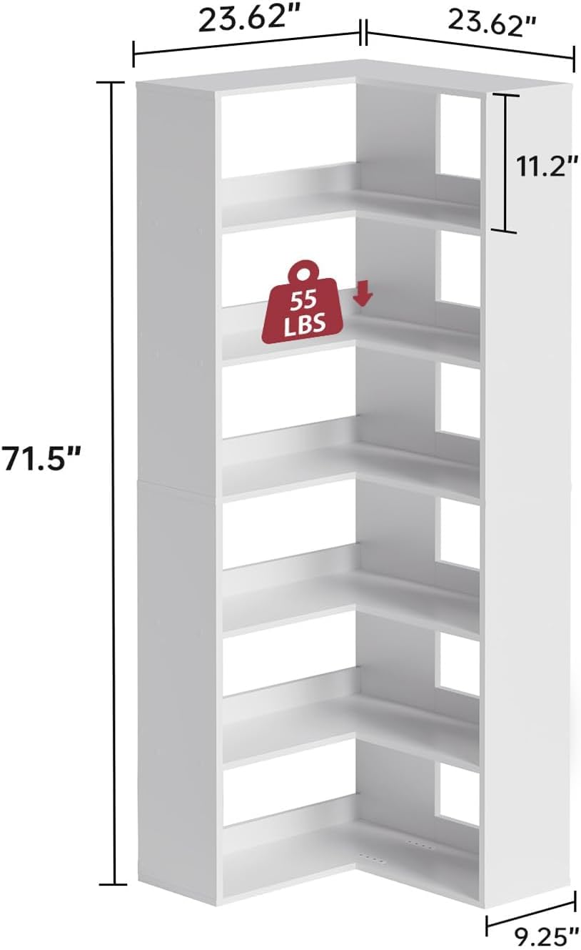 Corner Bookshelf, Freestanding L Shaped Display Shelf, 6 Tiers Bookcase with Baffles, Wooden Bookcase with Storage Organizer for Home Office, Living Room, Bedroom (23.6')