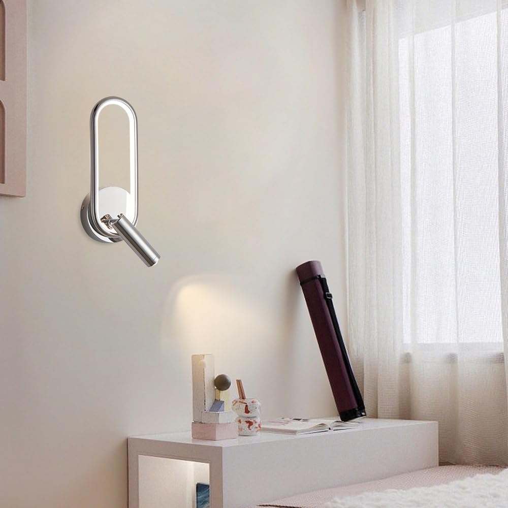 Modern Ring LED Wall Light, Metal Linear Wall Lamps with Swivel Spotlight, Indoor Wall Lighting Fixtures, 3-Color Temperature Wall Mounted Lamp for Living Room Bedroom Porch Hallway Bedside (Silver)