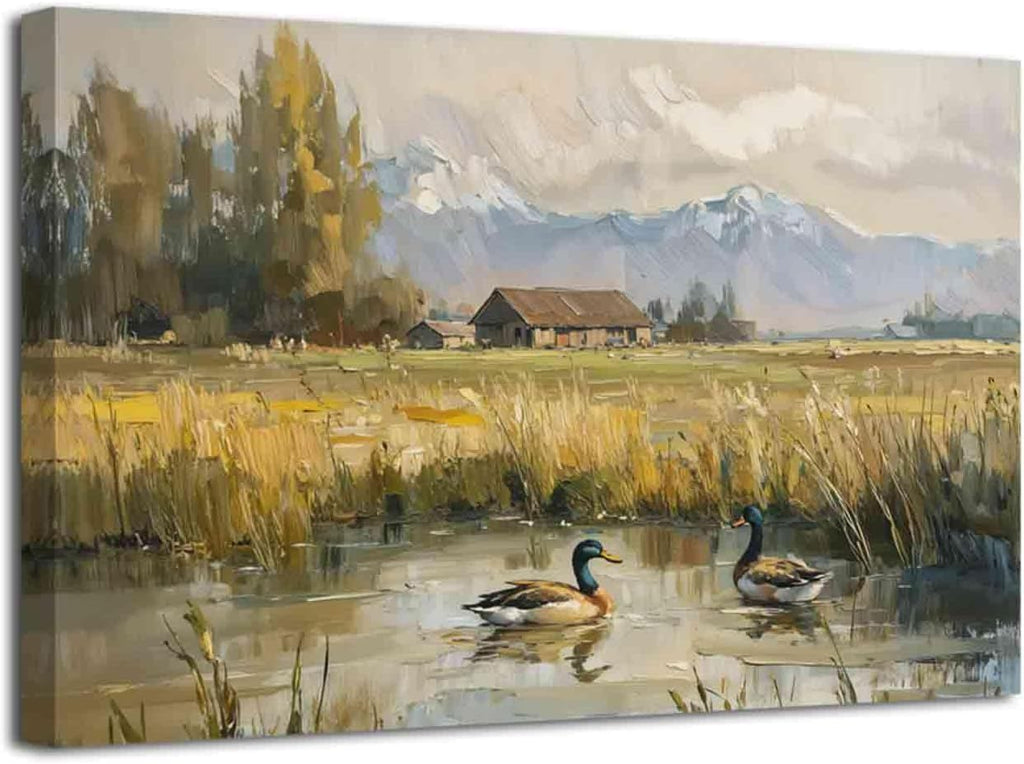 ZXHYWYM Mallard Duck Wall Art Vintage Animal Pictures Farmhouse Countryside Landscape Canvas Painting Duck in Pond Poster Prints Rustic Cabin Wall Decor (28' x 42')