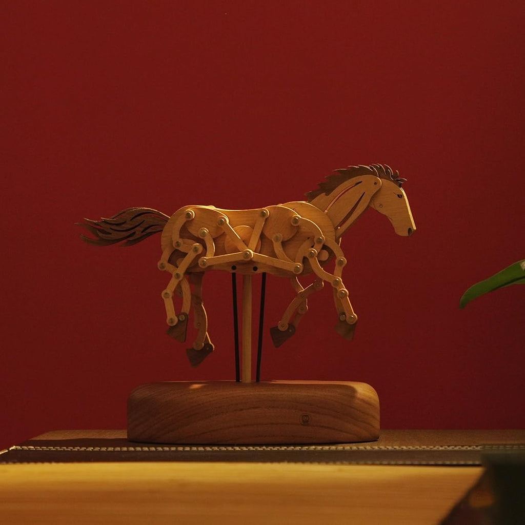 Wooden Running Horse Dynamic Model with Moving Mechanism, Handmade Solid Wood Animal Model, Kinetic Mechanical Wooden Art, Relaxing Desk & Shelf Decor for Bedroom & Office