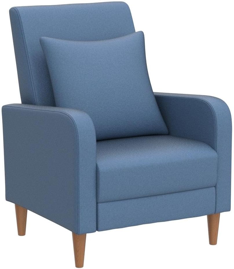 COLAMY Modern Upholstered Accent Chair Armchair with Pillow, Fabric Reading Living Room Side Chair,Single Sofa with Lounge Seat and Wood Legs, Blue