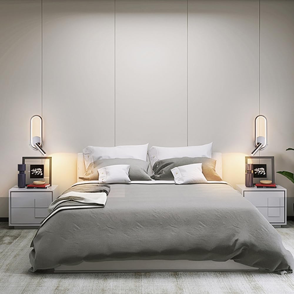 Modern Ring LED Wall Light, Metal Linear Wall Lamps with Swivel Spotlight, Indoor Wall Lighting Fixtures, 3-Color Temperature Wall Mounted Lamp for Living Room Bedroom Porch Hallway Bedside (Silver)