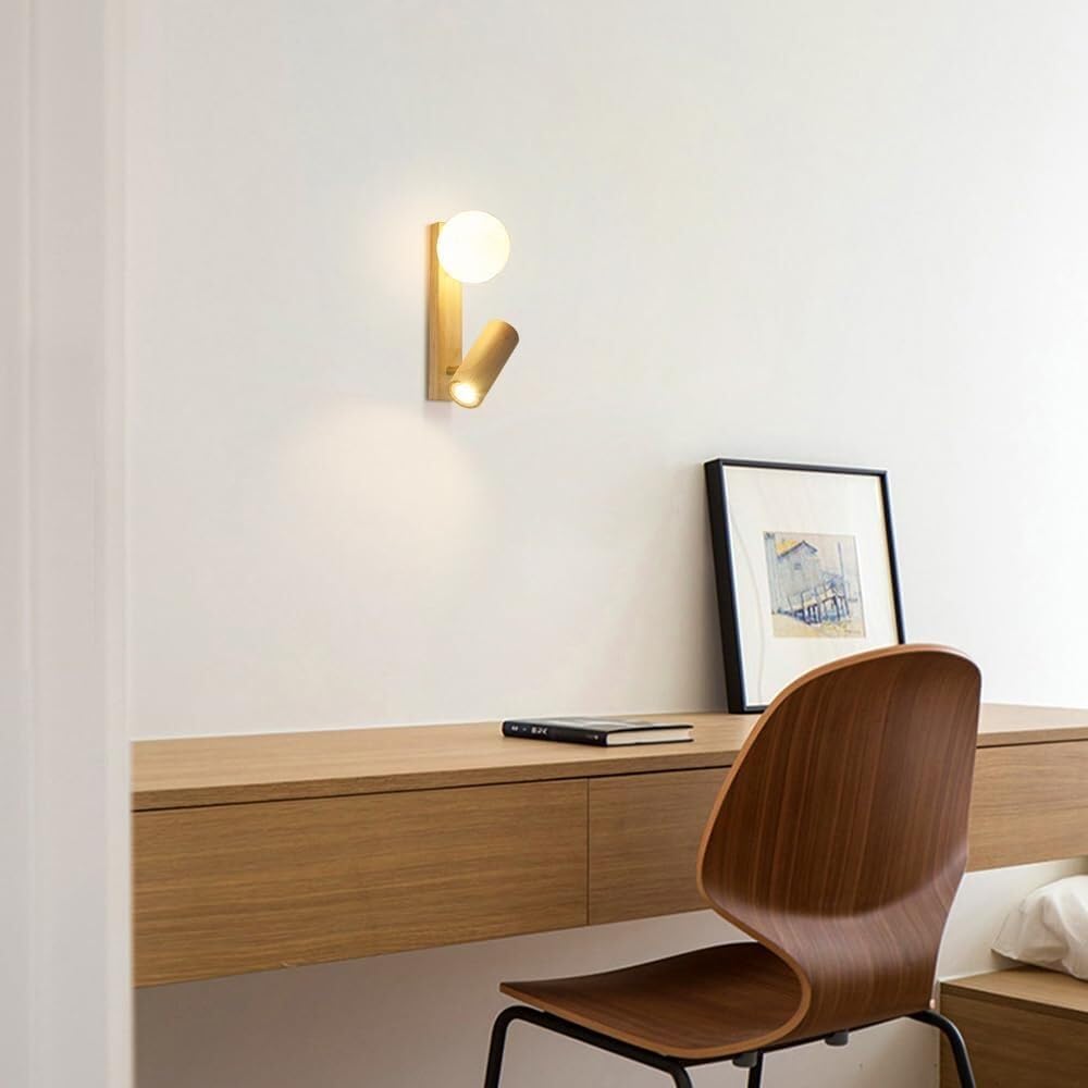 Modern Nordic Solid Wood Wall Sconce Minimalist Globe Acrylic Shade Mount Light with Small Rubber Wood Spotlight Indoor Cozy Ambient Wall Lamp for Living Room Hallway(3 Color Mode) (6000k)